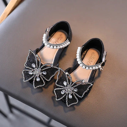 Large Crystal Bow Tie Kids Shoes for Girl Princess Beading Mary Jane Shoes Bling Prom Children  Girls Designer Shoes