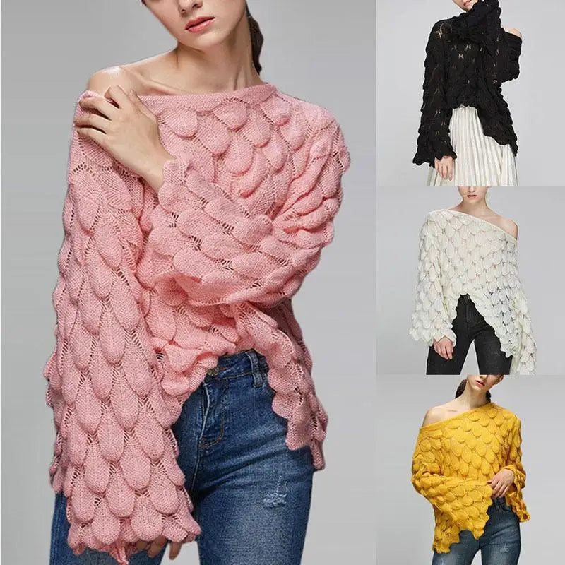 Hot 2026 Autumn Winter New European American Women's Fashion Hollow Loose Knitted Sweater Round Neck Trumpet Sleeve Head Sweater