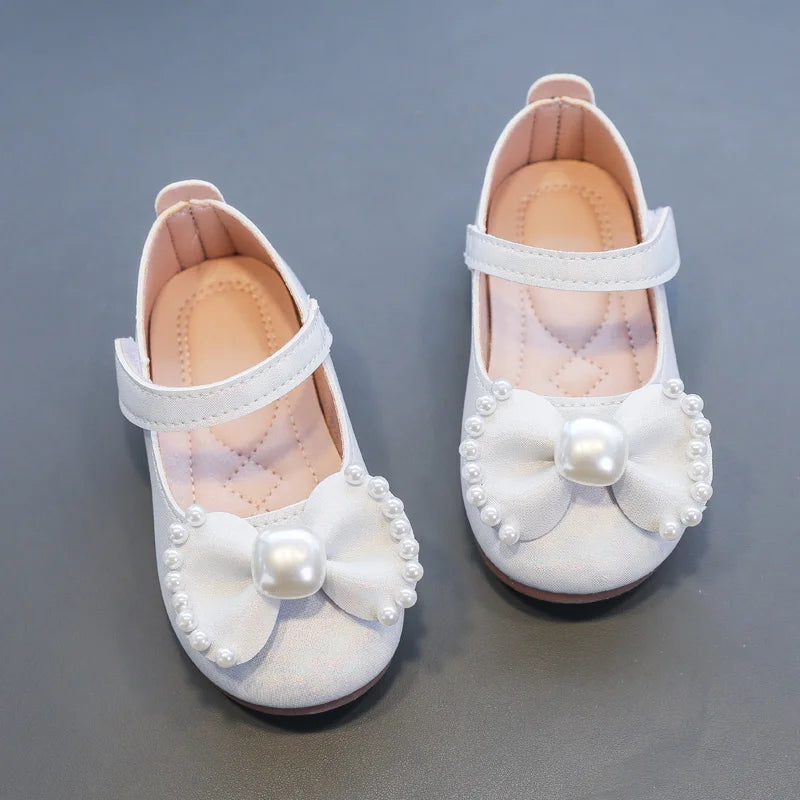 Girl's Leather Shoes Casual Simple Bowtie with Pearls 2024 New Flat Shoes Soft Sole Baby Kids Dress Shoes Children Party Flats