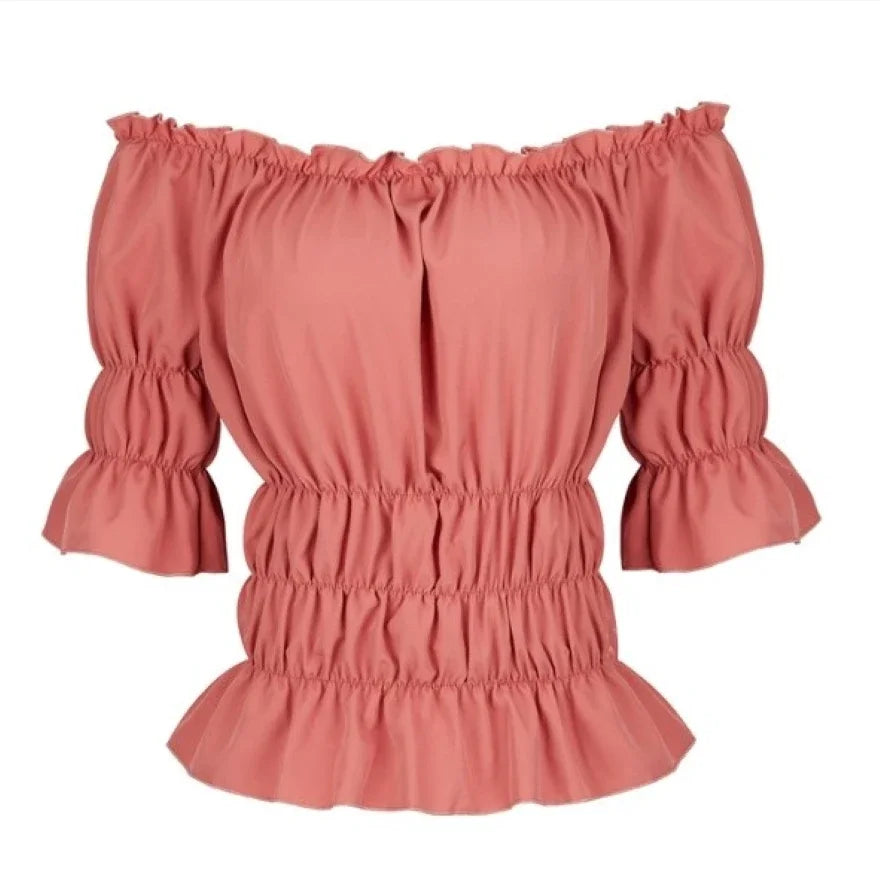 Women Renaissance Peasant Blouse Peplum Top Ruffle Sleeve Off-Shoulder Shirts 3/4 Sleeve Elastic Waist