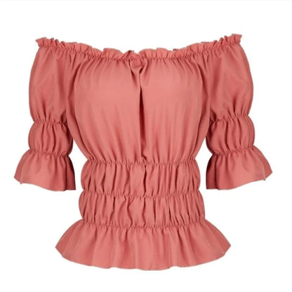 Women Renaissance Peasant Blouse Peplum Top Ruffle Sleeve Off-Shoulder Shirts 3/4 Sleeve Elastic Waist