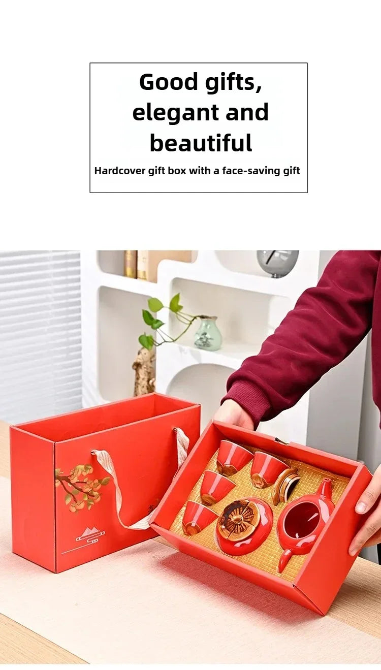Auspicious Red Ceramic Tea Set Gift Box - Chinese New Year Wedding Corporate Gifts, Good Fortune Design Teapot & Cups