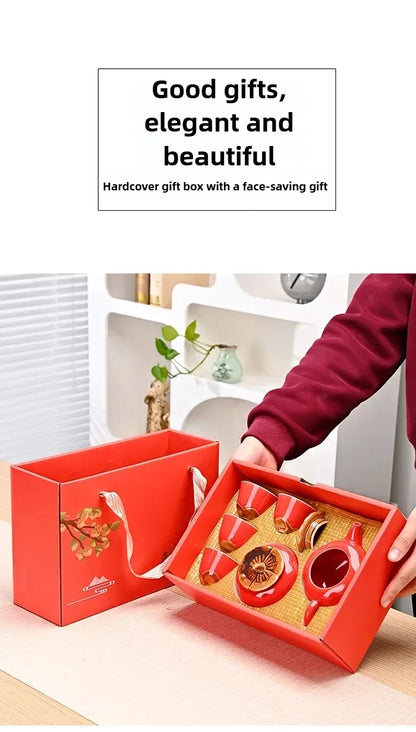 Auspicious Red Ceramic Tea Set Gift Box - Chinese New Year Wedding Corporate Gifts, Good Fortune Design Teapot & Cups