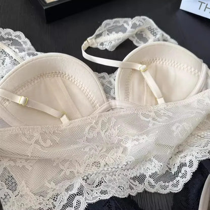 French Lace Lingerie Gathered No Steel Ring Bra Deep V Neck Sexy Wire Free Bras Underwear Tank Tops Padded Camisole Vest