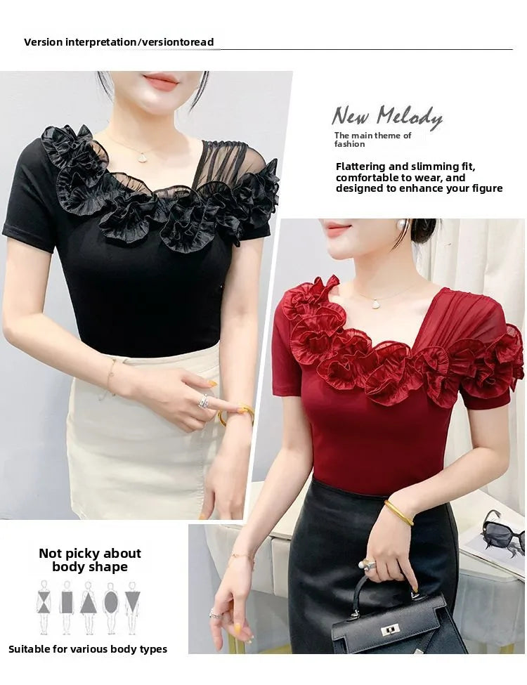 Faionable Floral Lace Ear ort Sve Slimming Me oulder Bared T-Shirt Women's Casual Sle Polyester Fabric Tee irt