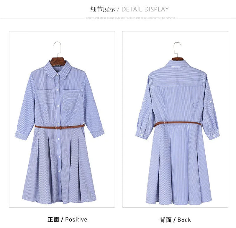 Women Korean Summer Attire Seven Quarter Sleeved Shirt Skirt Female New Fashion Blue White Striped Slim Dress Fit Shirt Skirt