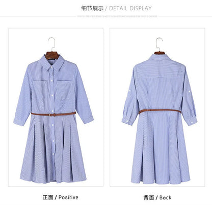 Women Korean Summer Attire Seven Quarter Sleeved Shirt Skirt Female New Fashion Blue White Striped Slim Dress Fit Shirt Skirt