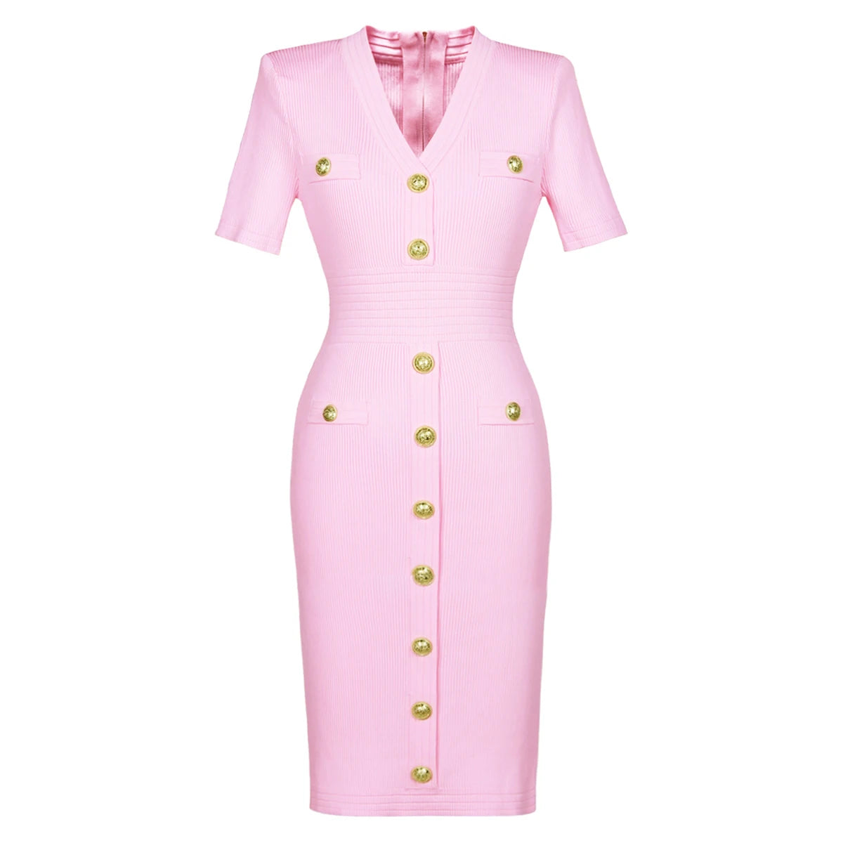 2025 Spring/Summer New Fashion Knitted Elastic Short Sleeve Solid Color Gold Button Slimming Style Commuter Women's Dress