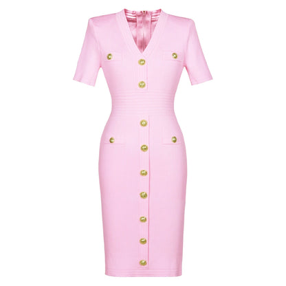 2025 Spring/Summer New Fashion Knitted Elastic Short Sleeve Solid Color Gold Button Slimming Style Commuter Women's Dress