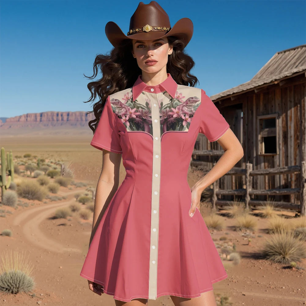 Women's Western Shirt Dress with Music Notes and Dolphin Print Cowboy Collar Button Up Pure Cotton Midi Dress Casual Boho Style