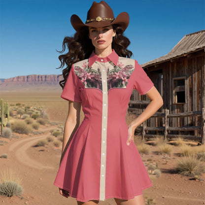 Women's Western Shirt Dress with Music Notes and Dolphin Print Cowboy Collar Button Up Pure Cotton Midi Dress Casual Boho Style