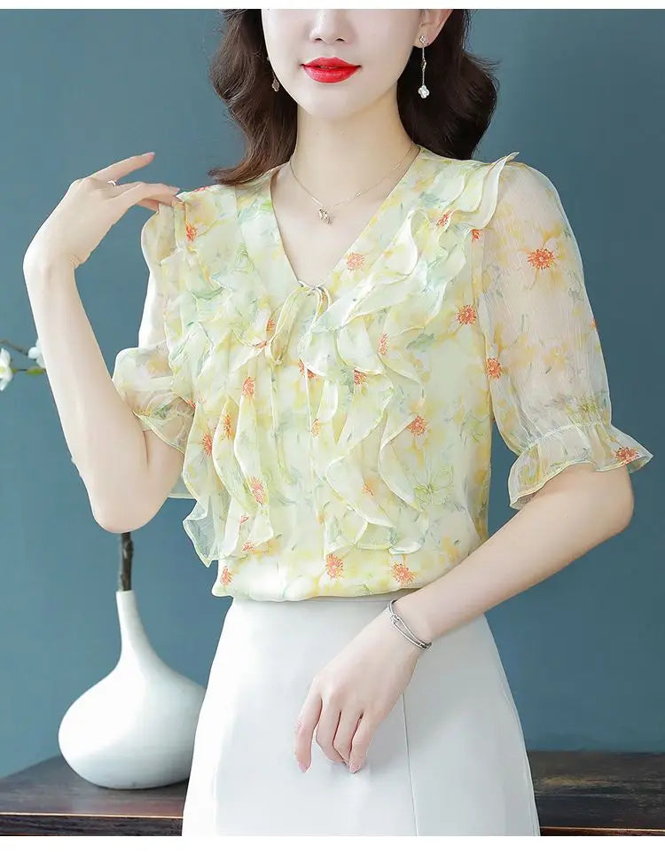 Fashion Printed Spliced Lace Up Bow Ruffles Floral Blouse Women's Clothing Summer New Casual Pullovers Loose Sweet Shirt