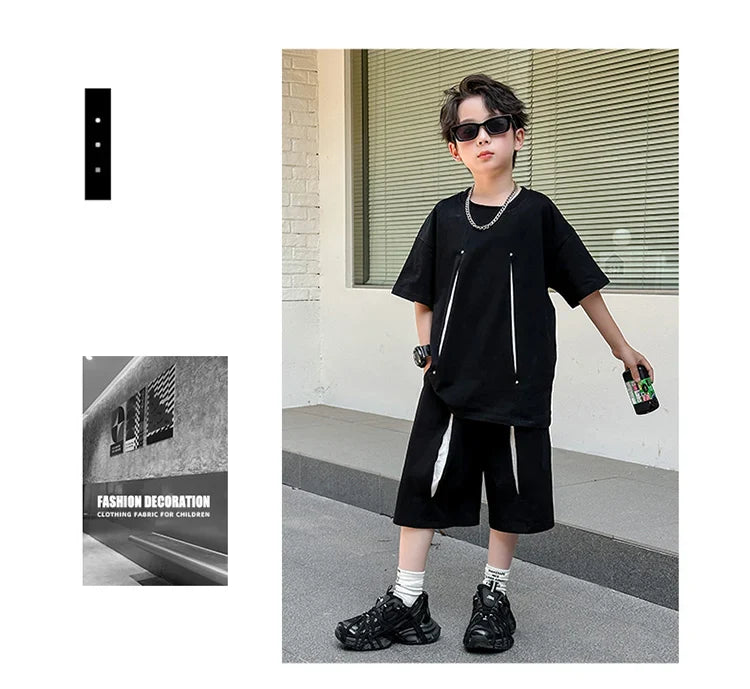 American Kids Design Double Cotton Gauze Clothing Set For Teenage Boy Casual Summer Top and Bottom Clothes Set Child Tracksuit