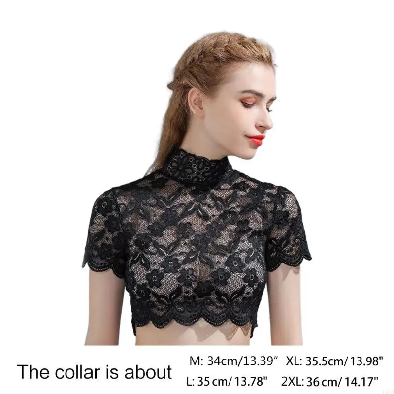 T5UF Women Turtleneck Detachable Collar Elegant Floral Lace Short Sleeve Half Blouse Shirt Pullover Lining Dickey Crop Top