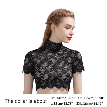 T5UF Women Turtleneck Detachable Collar Elegant Floral Lace Short Sleeve Half Blouse Shirt Pullover Lining Dickey Crop Top