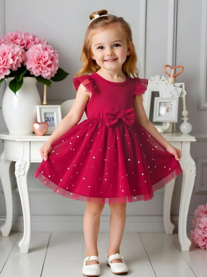 Girls' Burgundy Star Dress: Ruffle Sleeve Bow Tulle Party Outfit