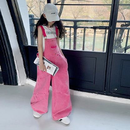 Luxury Kids Pink Denim Dungarees Bib Jeans for Teens Girl Casual Suspender Jumpsuit Child Fashion Jeans Overalls