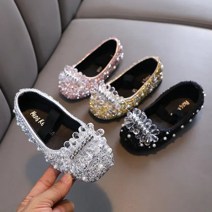 Kids Girl Shoes New Girls Princess Shoes Fashion Children Sequins Bling Bow Shoe Kid Rhinestone Non-slip Flat Shoe