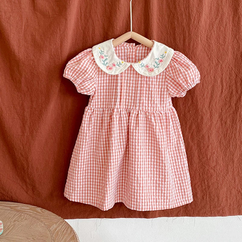 2-6Yrs Summer Girl Draped Dress Children Dress Pink Plaid Turn-Down Collar Kids Clothes Embroidery Toddler Baby Girls Clothing