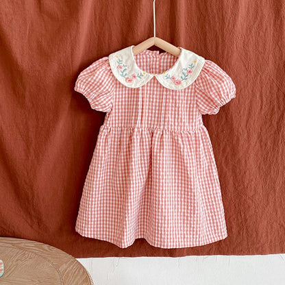 2-6Yrs Summer Girl Draped Dress Children Dress Pink Plaid Turn-Down Collar Kids Clothes Embroidery Toddler Baby Girls Clothing