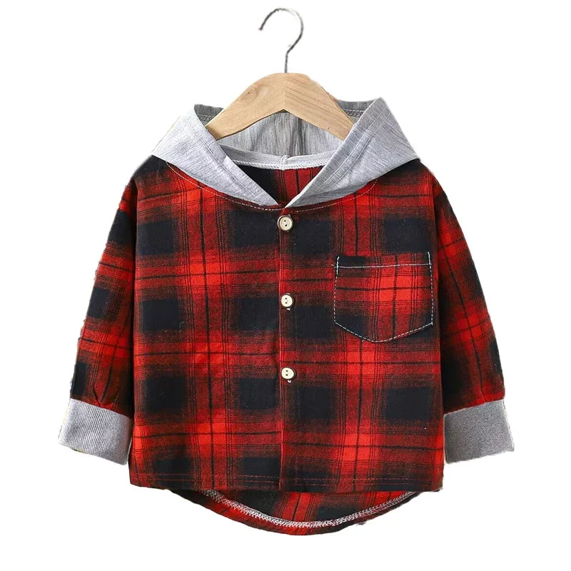 Spring and Autumn Children's Coat Plaid Boy Shirt Hooded Plaid Shirt 2-12 Year Old Girl Long Sleeved Coat Baby Clothes