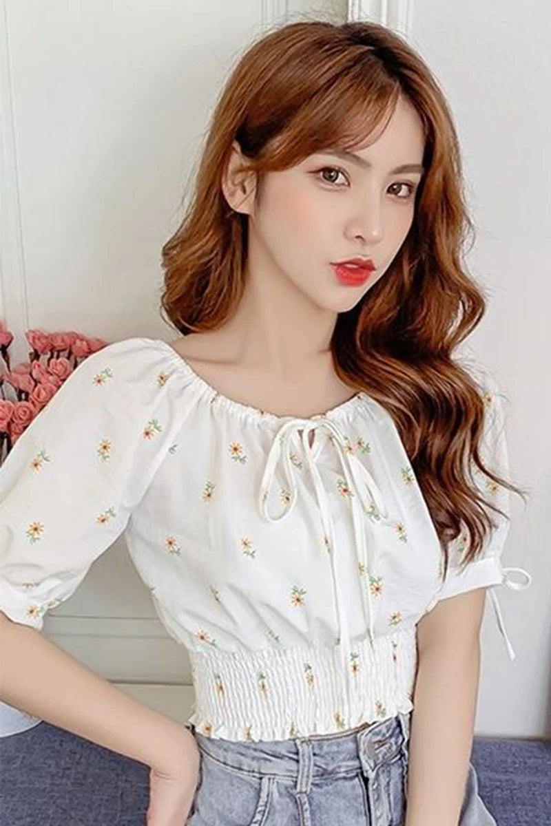 Sweet Broken Flower Women Short Shirts Elegant O-Neck Bow Tie Blouses Korean Fashion Elastic Waist Puff Sleeve Blouses 2025 New