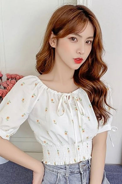 Sweet Broken Flower Women Short Shirts Elegant O-Neck Bow Tie Blouses Korean Fashion Elastic Waist Puff Sleeve Blouses 2025 New