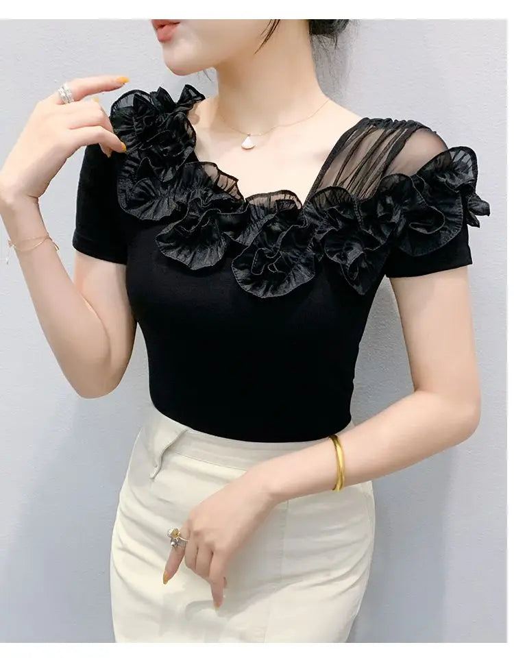 Faionable Floral Lace Ear ort Sve Slimming Me oulder Bared T-Shirt Women's Casual Sle Polyester Fabric Tee irt