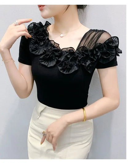 Faionable Floral Lace Ear ort Sve Slimming Me oulder Bared T-Shirt Women's Casual Sle Polyester Fabric Tee irt