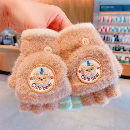 Winter Plush Knitted Cartoon Rabbit Flexible Flip-top Gloves Thicken Warm Cute Gloves For Baby Girls Half Finger Children Gloves