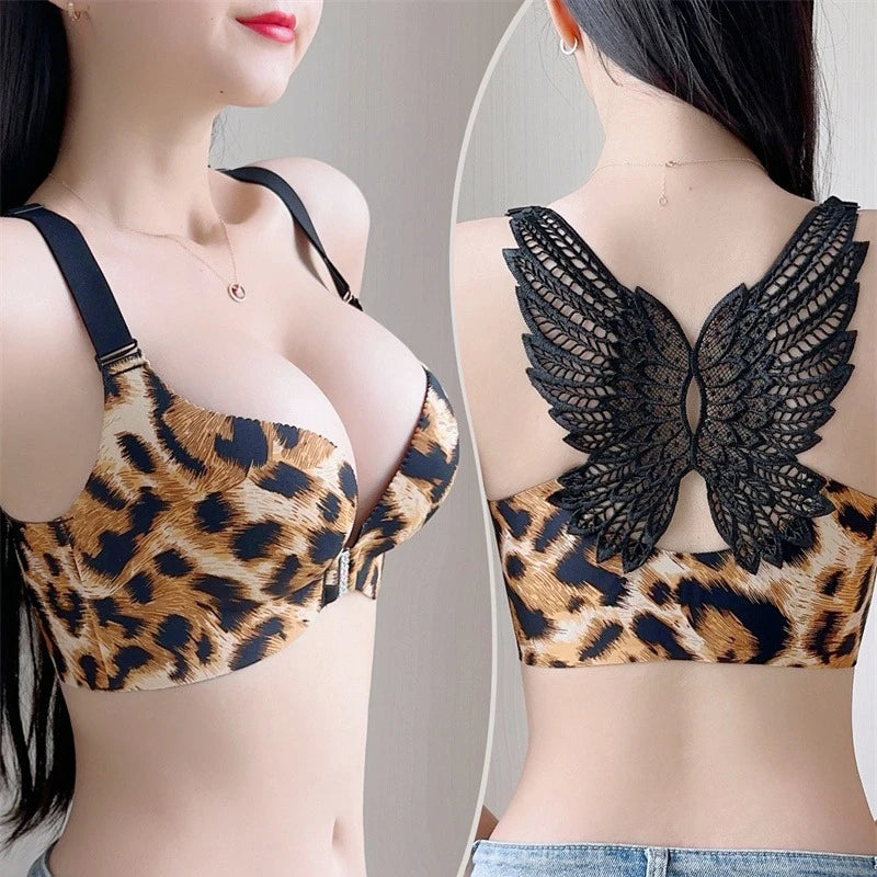 Women's Leopard Print Bra Front Buckle 45-150KG CDE Gathered Roundness Sexy Beautiful Back Push Up Lingerie Traceless Lifting