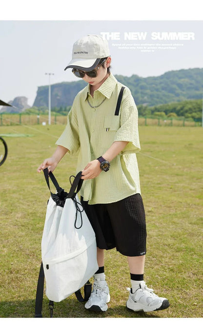 New Children Summer Thin Short Sleeved Shirt Shorts Two Piece Set Children Stylish Clothing Trend