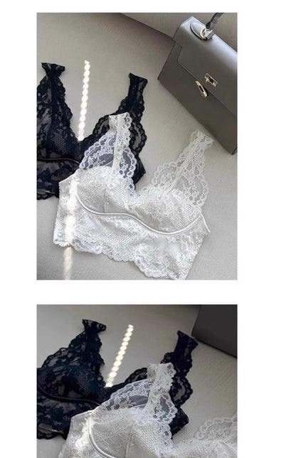 French Lace Lingerie Gathered No Steel Ring Bra Deep V Neck Sexy Wire Free Bras Underwear Tank Tops Padded Camisole Vest