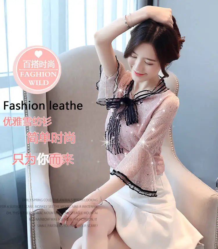 Chiffon Base Shirt with Mid Sleeves Versatile New Spring Sweet and Fashionable Korean Women's Top