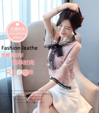 Chiffon Base Shirt with Mid Sleeves Versatile New Spring Sweet and Fashionable Korean Women's Top