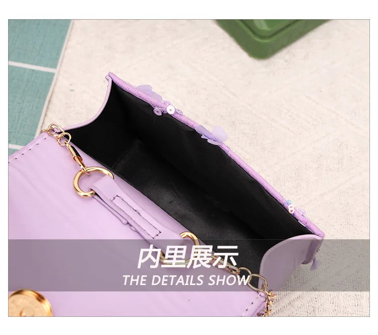 Cute Sequin Bow Kids Mini Square Shoulder Bags Versatile Children Chain Crossbody Bag Lace Girls Pearl Handbags Clutch Purse (Available)