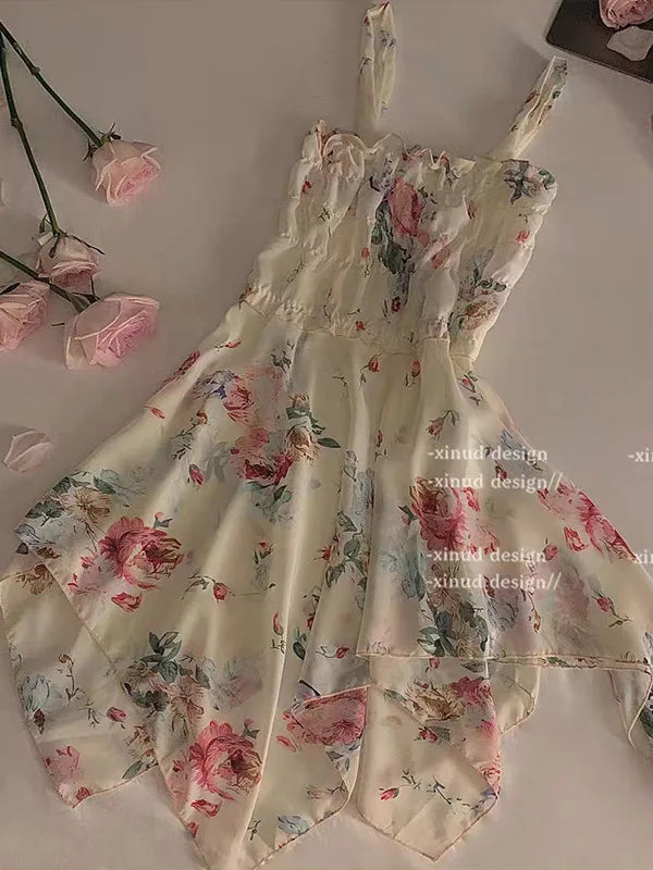 Hotsweet Style Flower Dress Chiffon Strap Temptation Sexy Elastic Waist Irregular Temperament Sweet Girl Perspective Dresses FJ8