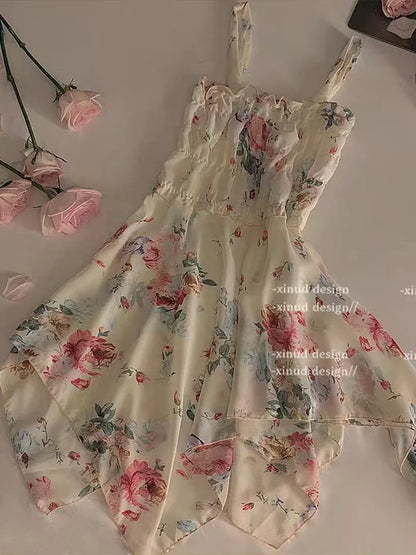 Hotsweet Style Flower Dress Chiffon Strap Temptation Sexy Elastic Waist Irregular Temperament Sweet Girl Perspective Dresses FJ8