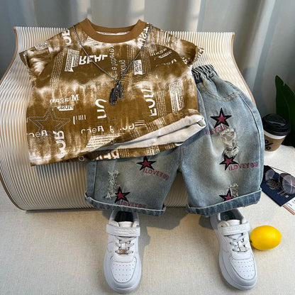 Hot Sale Fashion Baby Boy Suit Summer Clothes Short Sleeve T-shirt Short Jeans 2 Piece Set Kids Outfit Children's Costume