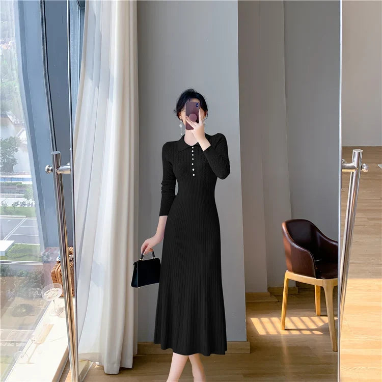 Sweater Dress Women New  Autumn Winter Purple White Or Black High Waist A Line Dress Elegant Long Knitted Dress (Available)