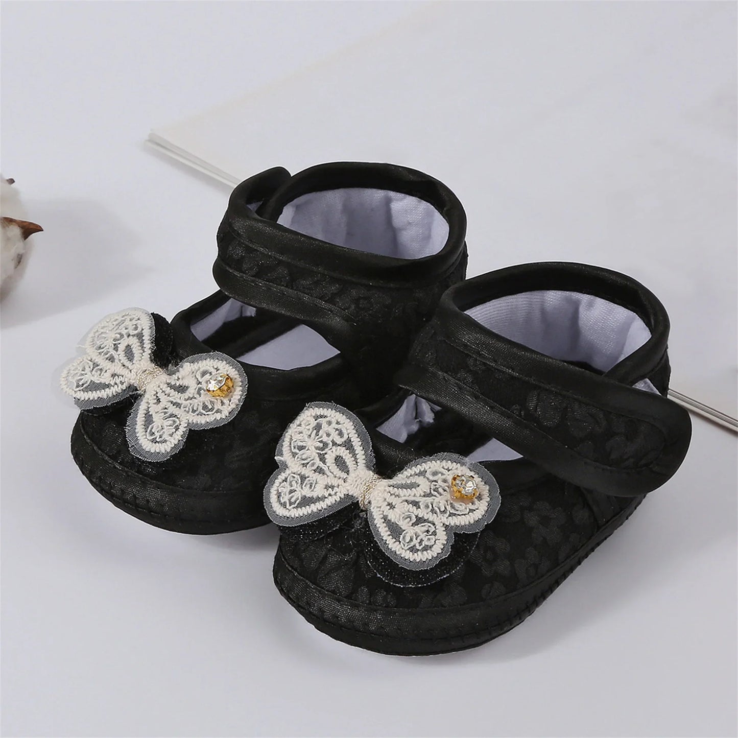Baby Girls Princess Shoes and Turban Hat Set Bow Decor Lace Soft Non-slip Bottom First Walking Shoes