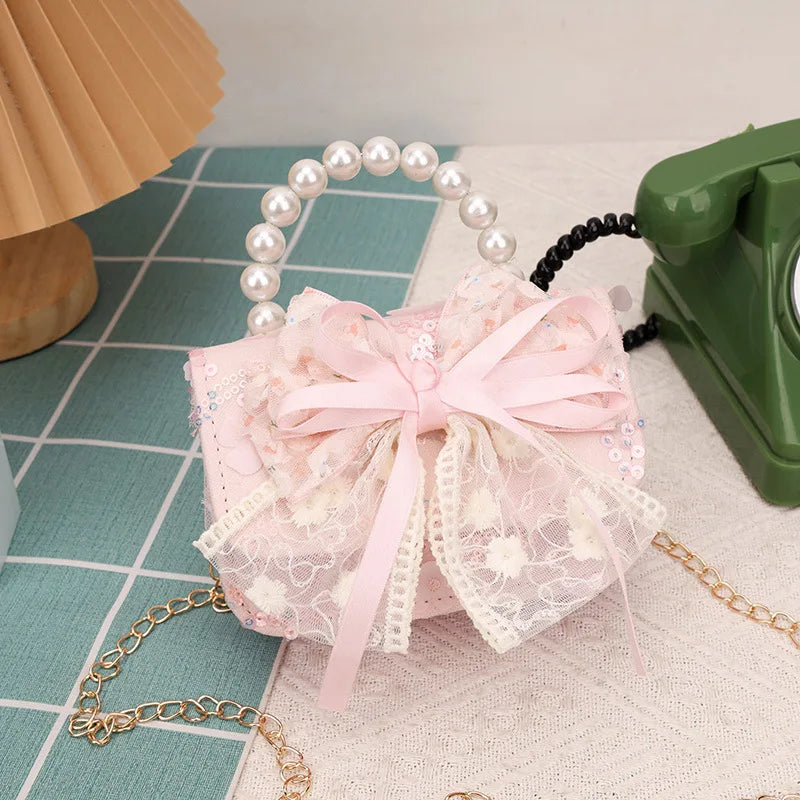Cute Sequin Bow Kids Mini Square Shoulder Bags Versatile Children Chain Crossbody Bag Lace Girls Pearl Handbags Clutch Purse (Available)