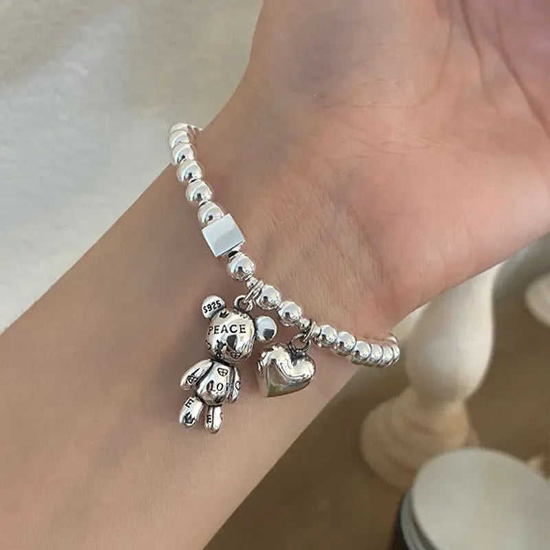 Stainless steel Bracelets for Women String of Beads Accessories Trend Vintage Simple Cute Bear Pendant Party Jewelry