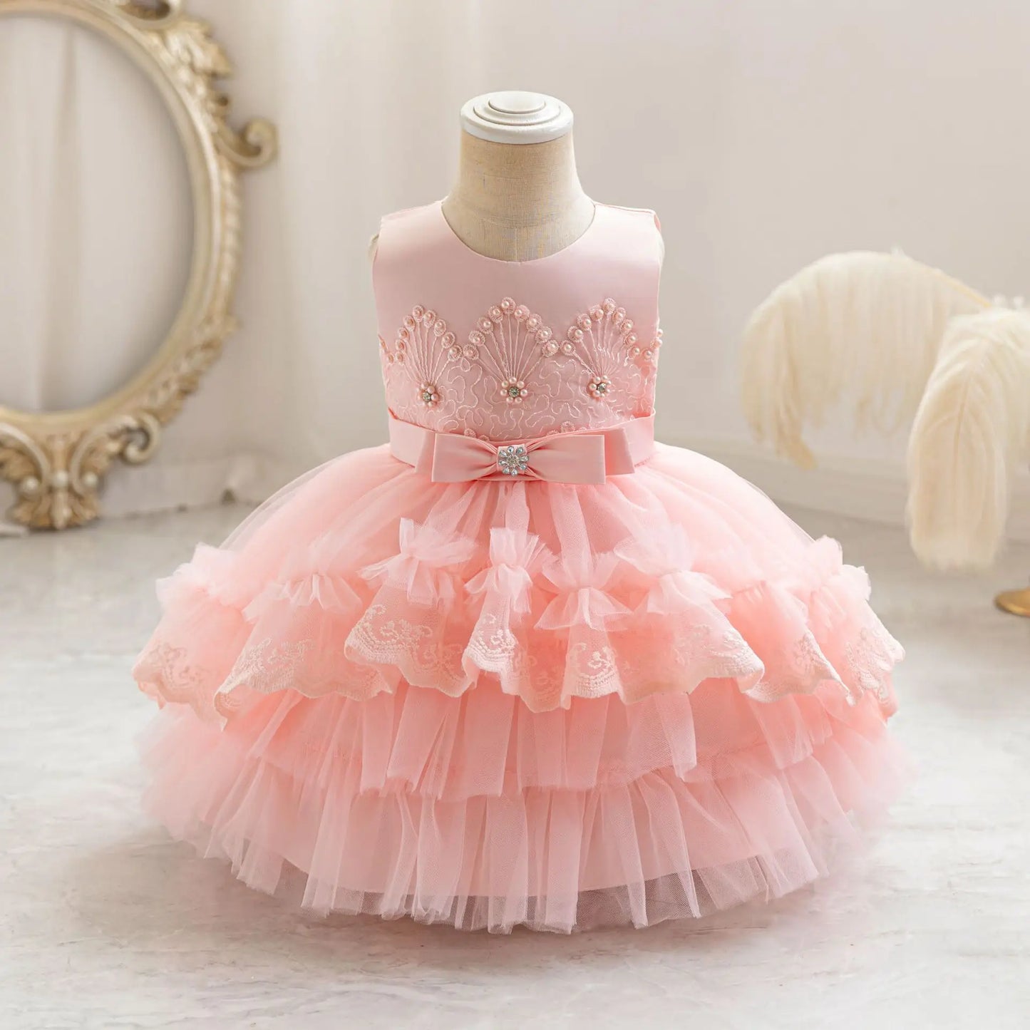 Party Dresses For Girl Formal Prom Wedding Dress Beaded Embroidery Mesh Princess Dress For Infant Baby 1st Birthday Baptism Gown