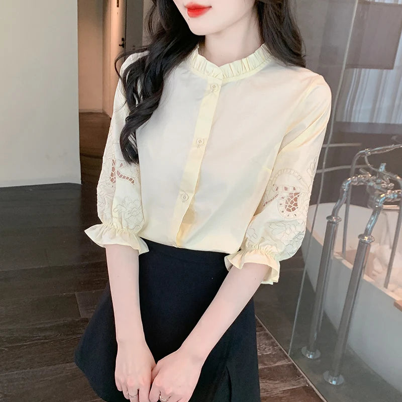 Ele Embroidered ort Sve irt Women's Summer New Design Korean Sle Commute Lantern Sve White irt for Ladies