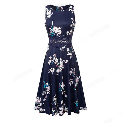 Women Vintage Casual Round Neck A line Summer Elegant Floral Lace Patchwork Sleeveless Tunic Party Swing Dress HA079