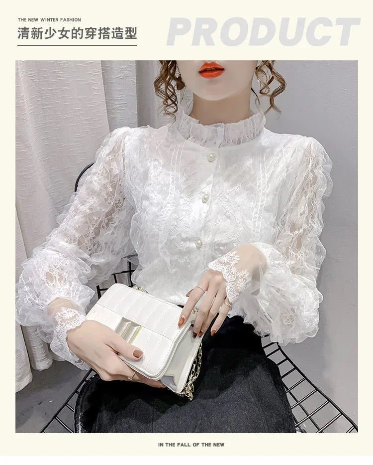 Blouse Women Shirt Lace Long Sleeve Women's Clothing Spring Lantern Sleeve Stand Collar Cardigan Top Blusas Mujer De Moda