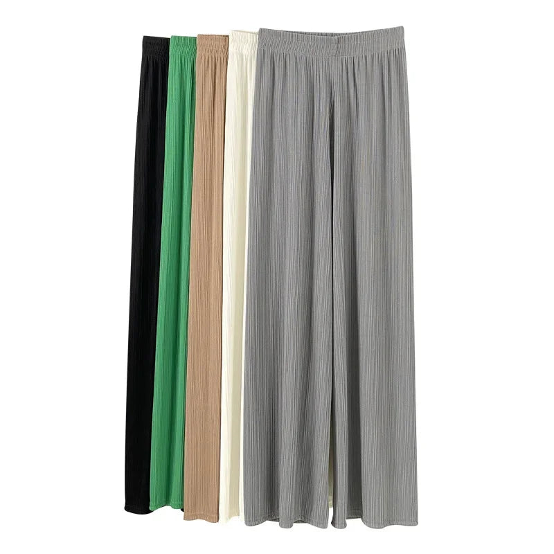 Korea Dongdaemun Ice Silk Wide-leg Pants Women's Thin Slimming Floor Pants White Striped Pants Y2K Fashion Pants Baggy (Available)