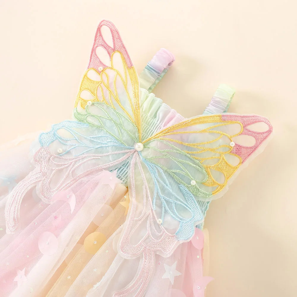 Girls' Dress Summer New Halter Colorful Butterfly Pearl Sequins Sweet Princess Dress Birthday Party Dress