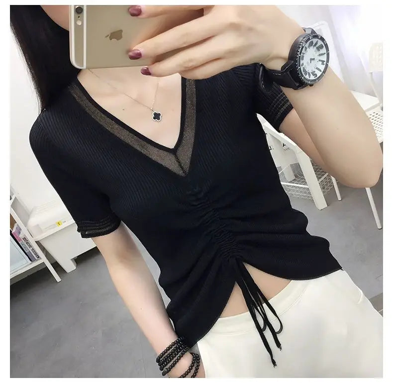 Ice Silk Short Sleeve T-shirt for Women in Summer New Thin V Neck Drawstring Solid Color Casual Tops Fashion Office Clothing